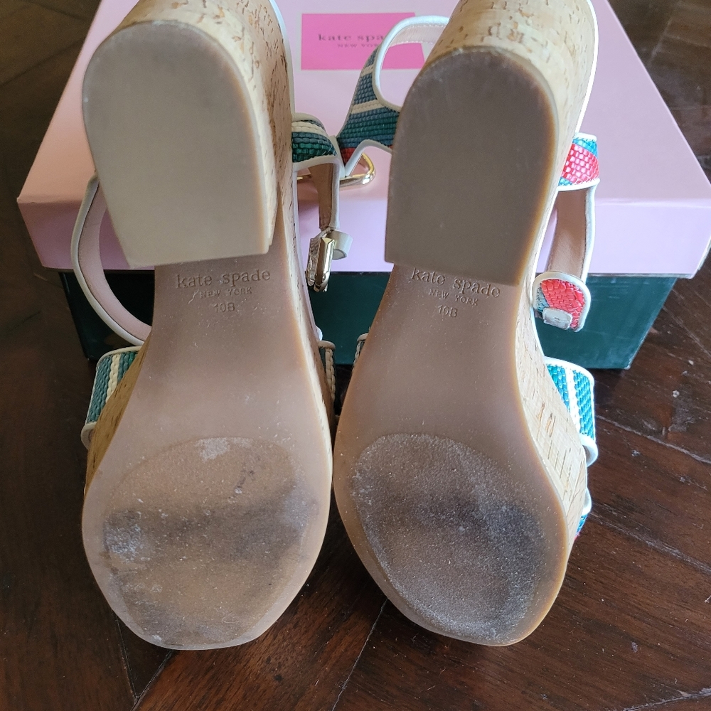 Kate Spade New York Grace Striped Raffia Platform Cork Heels Sandals size 10B - Picture 4 of 5